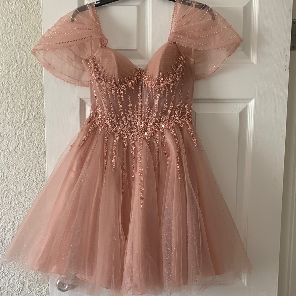 Rose Gold Sequin Tulle Mini Dress with Flutter Sleeves